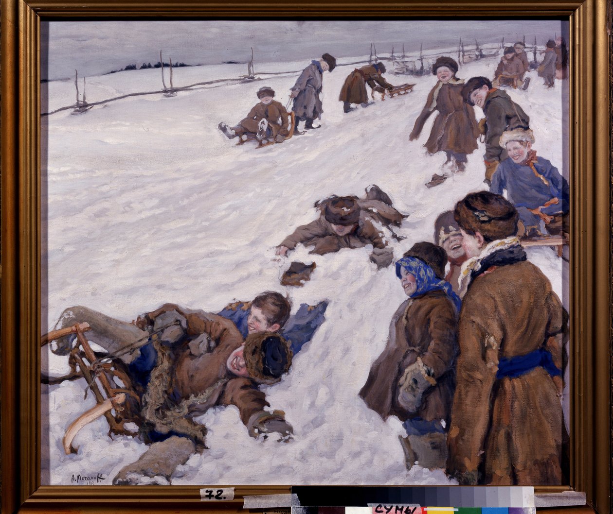 Wintersporten. Scène van sleeën in een besneeuwd veld, kinderen warm gekleed, hebben plezier en lachen uitbundig. Schilderij van Alexander Viktorovich Moravov door Alexander Viktorovich Moravov