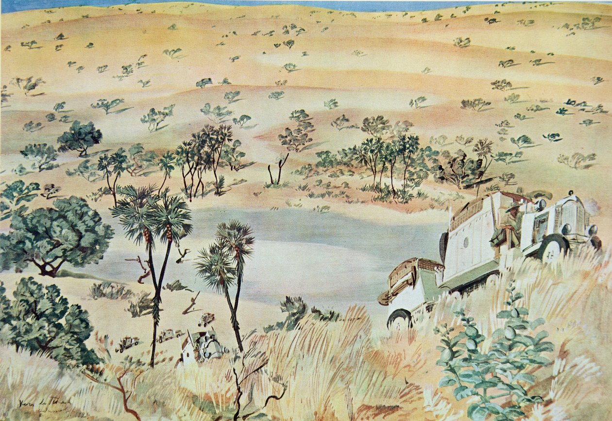 Bij de uitgang van een Kpro (Cuvette) regio van Tehad, uit Tekeningen en Schilderijen van Afrika, uitgevoerd tijdens de Citroen Centraal Afrika expeditie, tweede missie Haardt Audouin-Dubreuil, uitgegeven Parijs, 1927 door Alexander Yakovlev