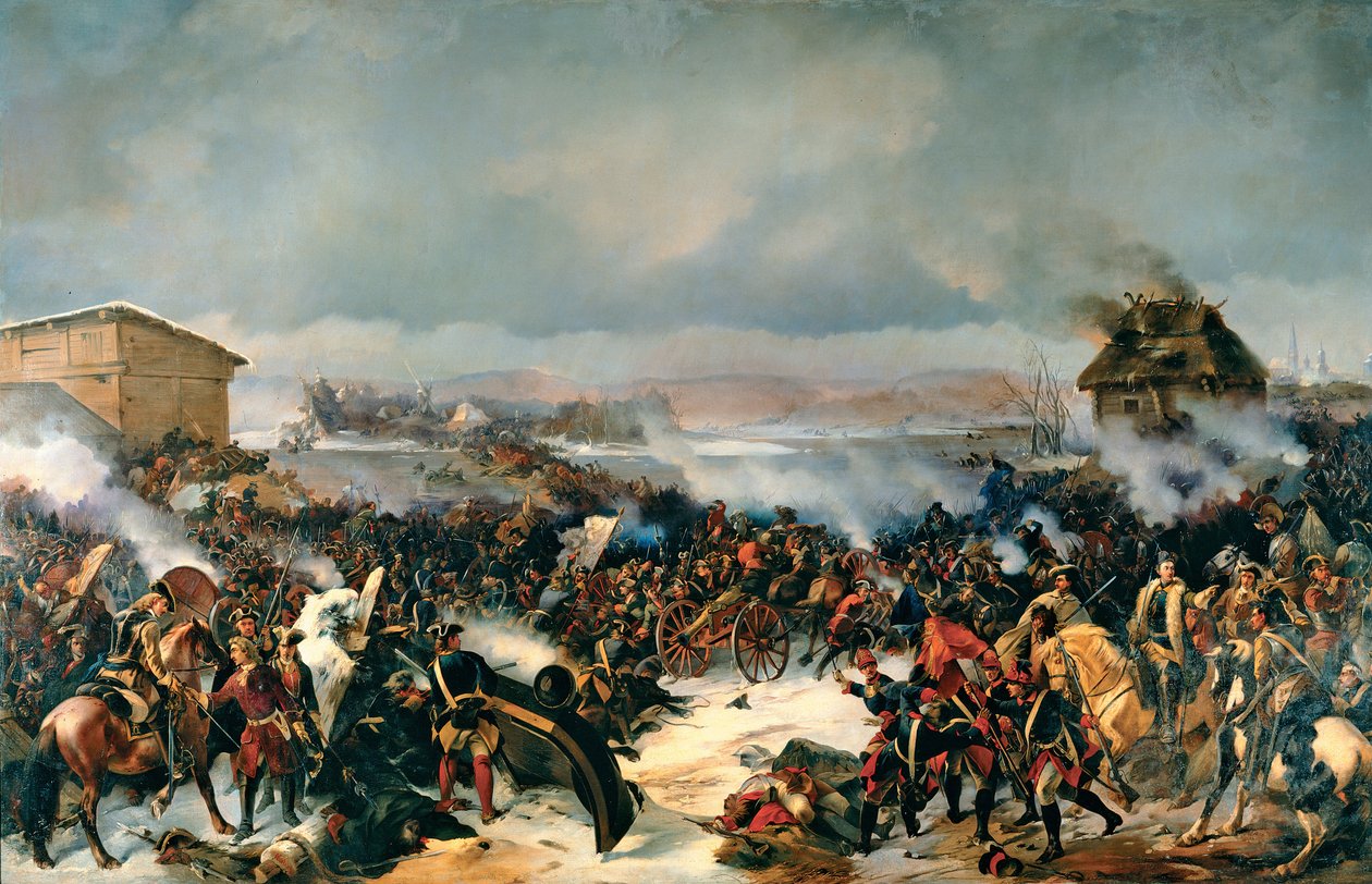 De slag bij Narva, 19 november 1700. Episode van de Grote Noordse Oorlog (1700-1721) tussen Zweden en de Baltische landen, Denemarken, Polen en Rusland. door Alexander von Kotzebue