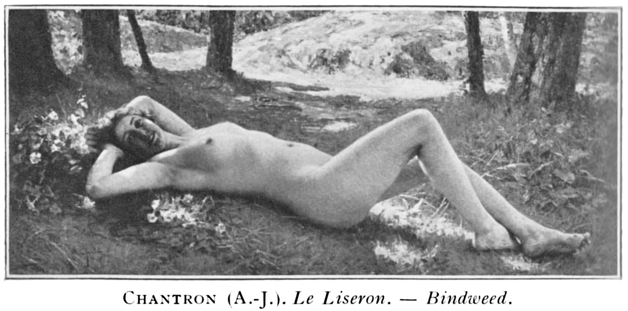 Zwart-wit foto van een schilderij met een naakte vrouw liggend in een bos nabij een bloemenveld met bomen en een ondiepe waterval op de achtergrond door Alexandre Jacques Chantron