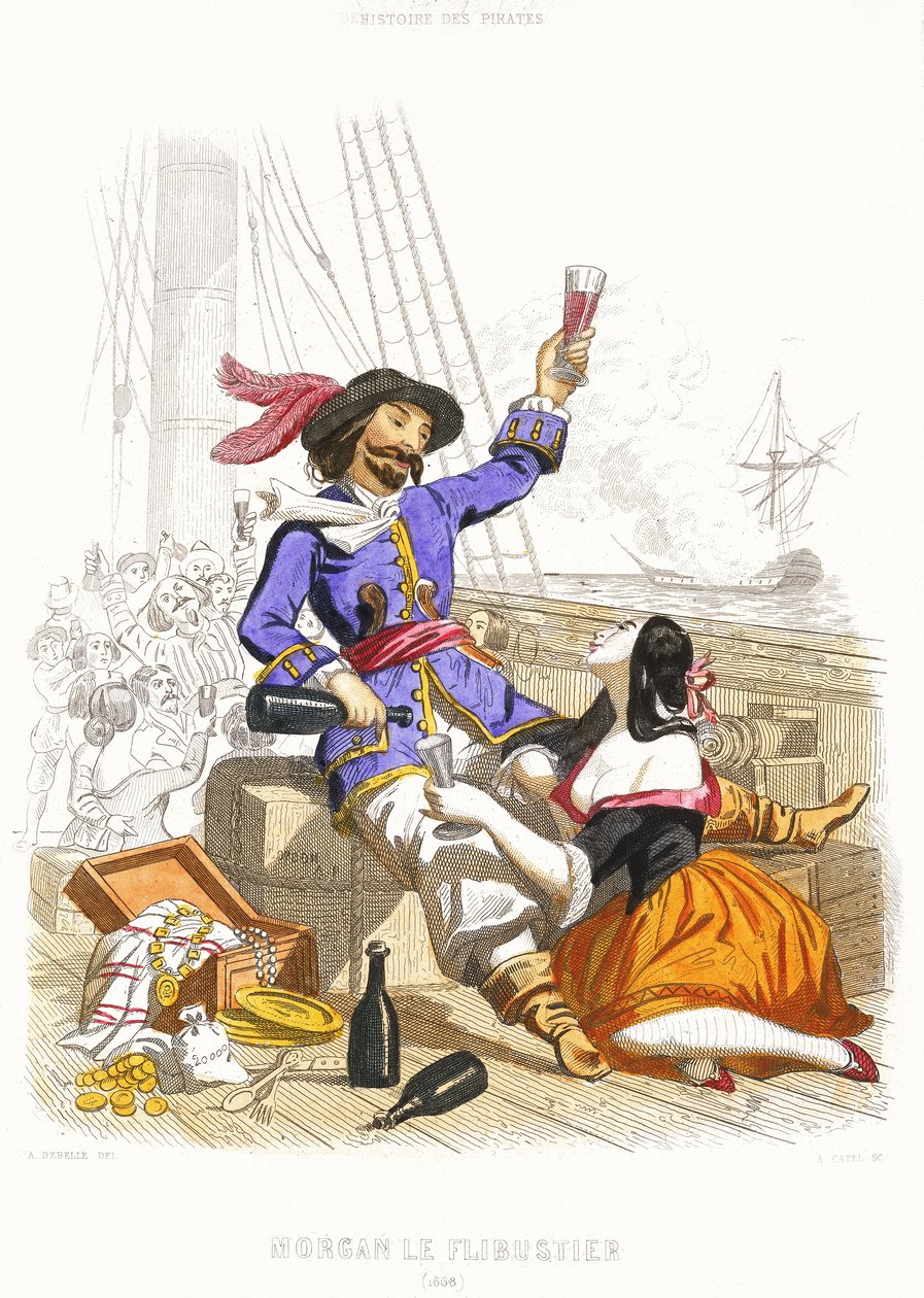 Kapitein Henry Morgan drinkt wijn en feest met vrouwen, in ware piratenstijl, midden 19e eeuw (gekleurde gravure) door Alexandre (after) Debelle