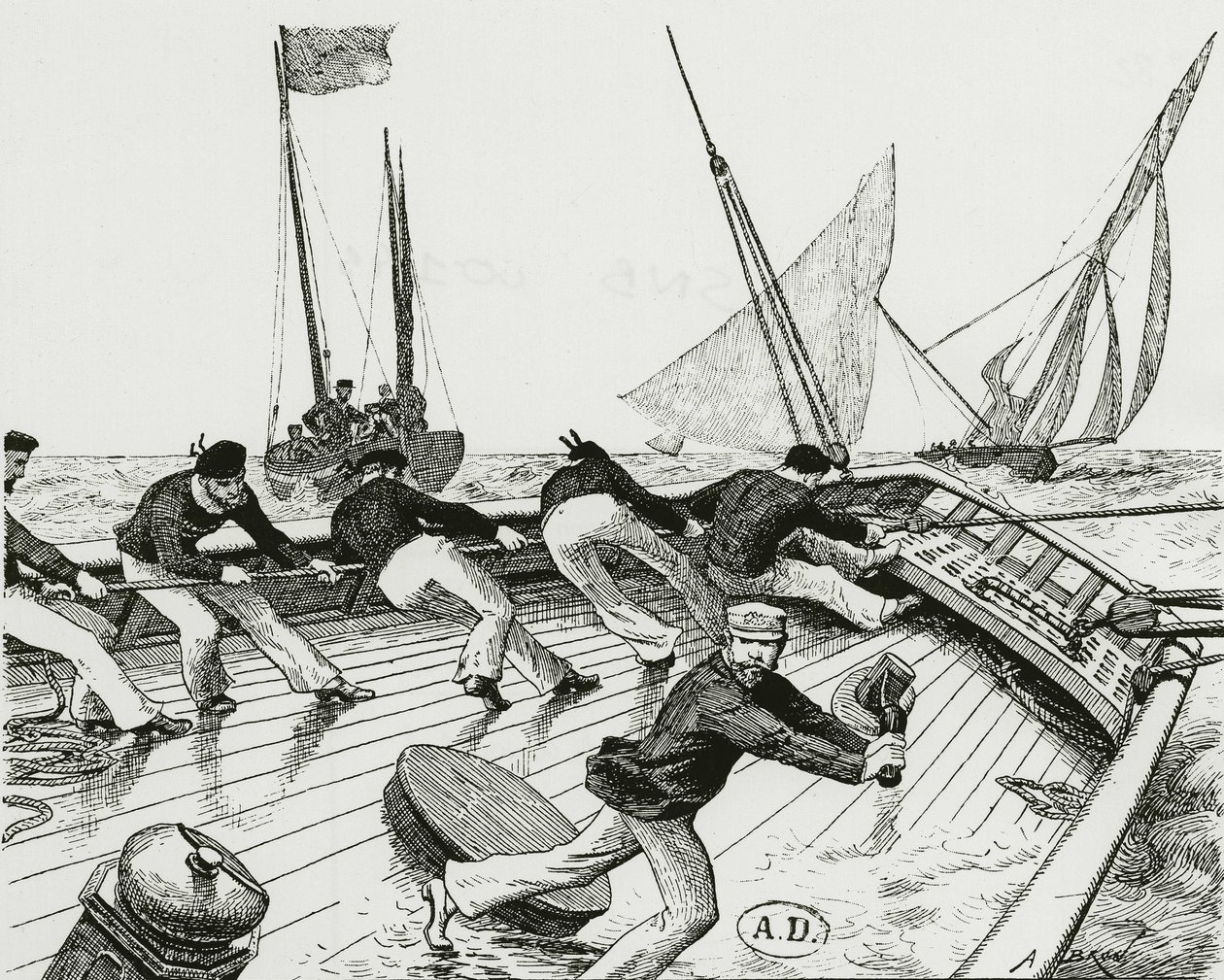 Zeilwedstrijd: Le turn du Bateau-Buoée - tekening door A. Brun, Bibl. des Arts Deco door Alexandre Brun