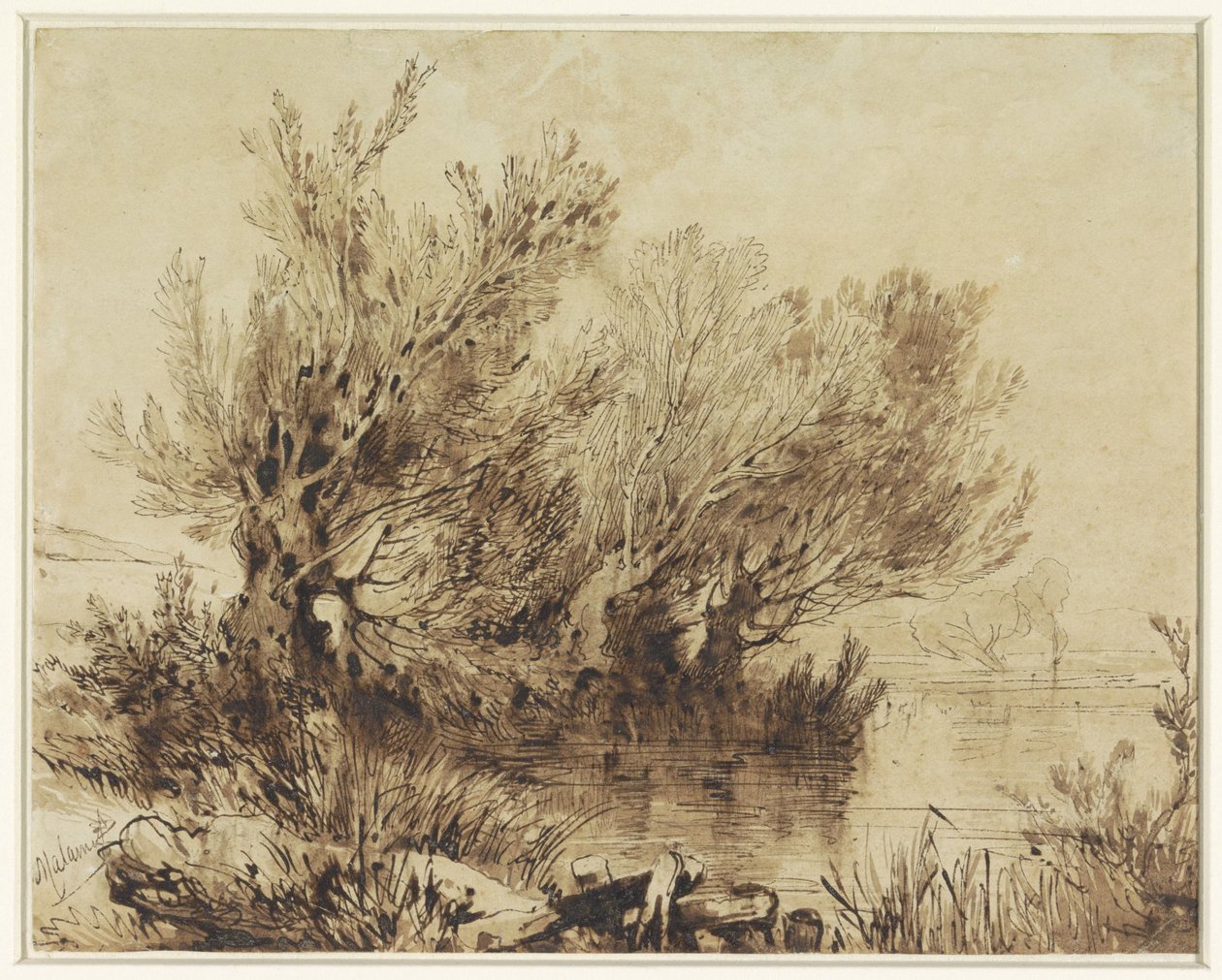 Wilgen aan een meer in zacht glooiend terrein door Alexandre Calame