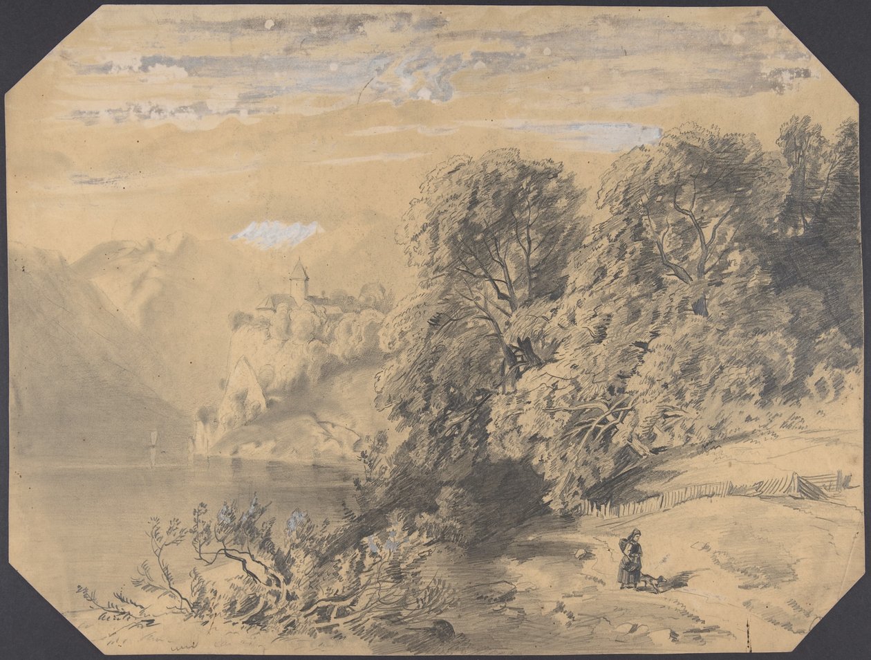 Vrouw met een hond bij een bergmeer door Alexandre Calame