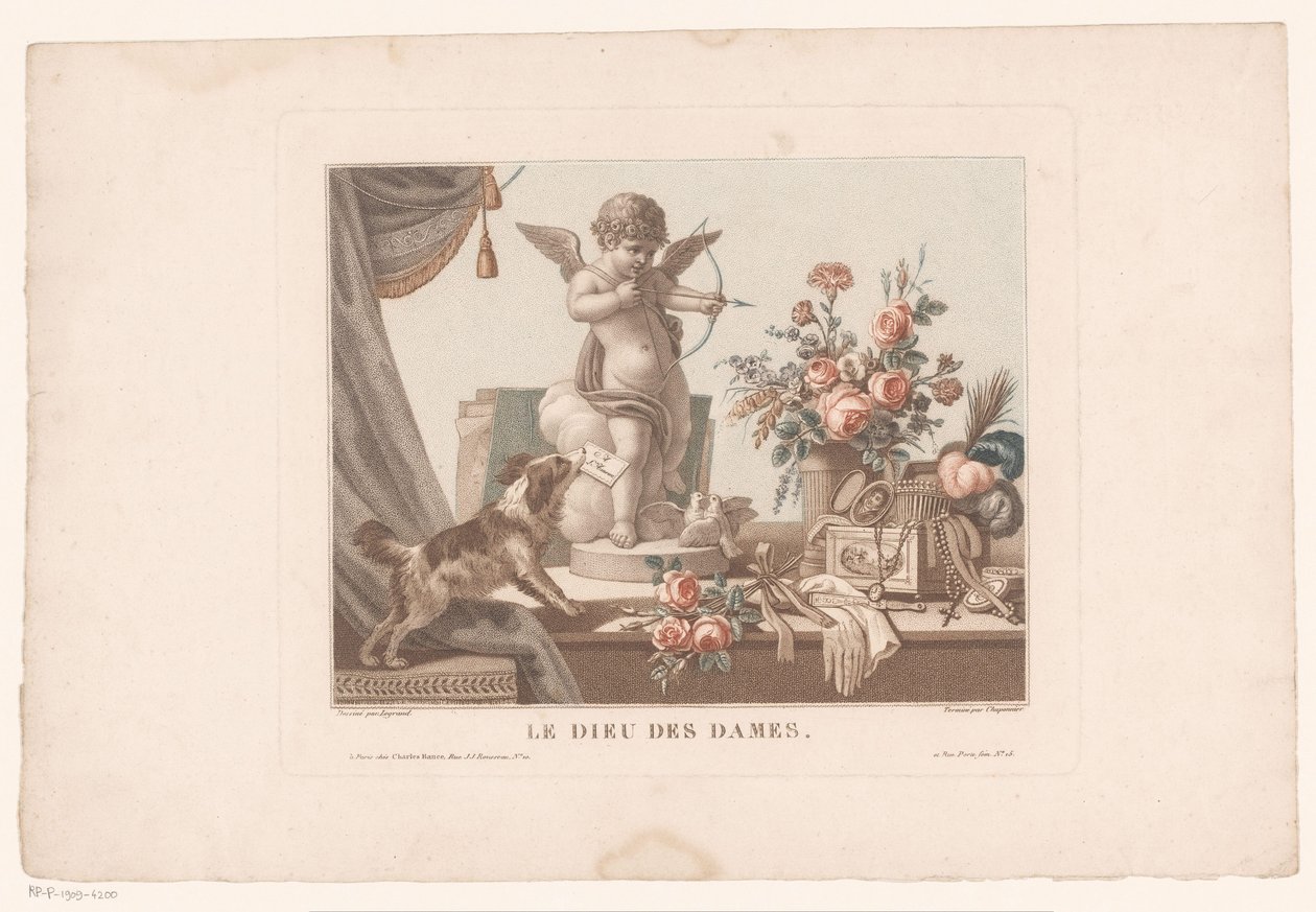 Stilleven op een tafel met een hond en een standbeeld van Cupido door Alexandre Chaponnier
