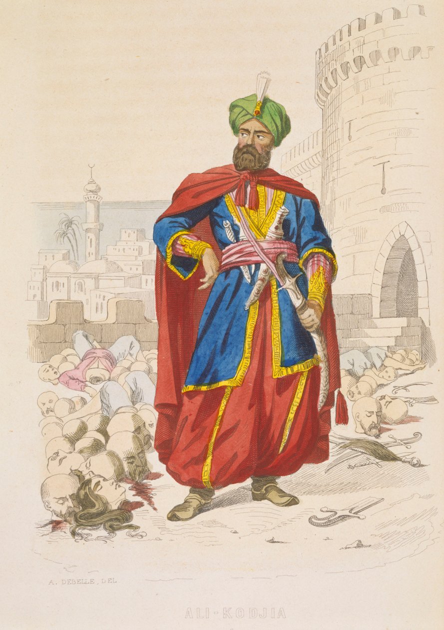 Ali Khoja, heerser van Algiers 1816-1818, schitterend in een groene tulband en met een fraai zwaard, omringd door de afgehakte hoofden van overwonnen vijanden na het bombardement van 1816, midden 19e eeuw (ingekleurde gravure) door Alexandre Debelle