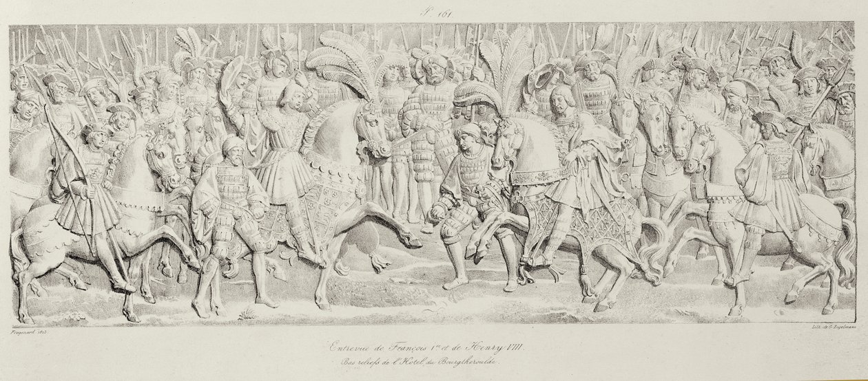 Ontmoeting van François I en Hendrik VIII op het Veld van het Gouden Laken, naar het gebeeldhouwde stenen reliëf in het Hotel de Bourgtheroulde, Rouen, Normandië, 1501-37, gegraveerd door Godefroy Engelmann door Alexandre Evariste Fragonard