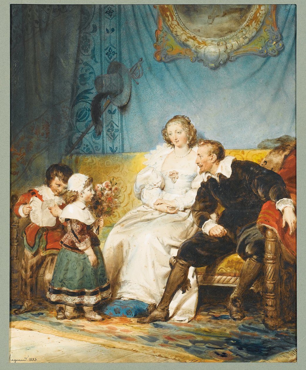 Rubens en Hélène Fourment zittend met Frans die een brief vasthoudt en Isabelle Hélène die hen een boeket rozen geeft door Alexandre Evariste Fragonard