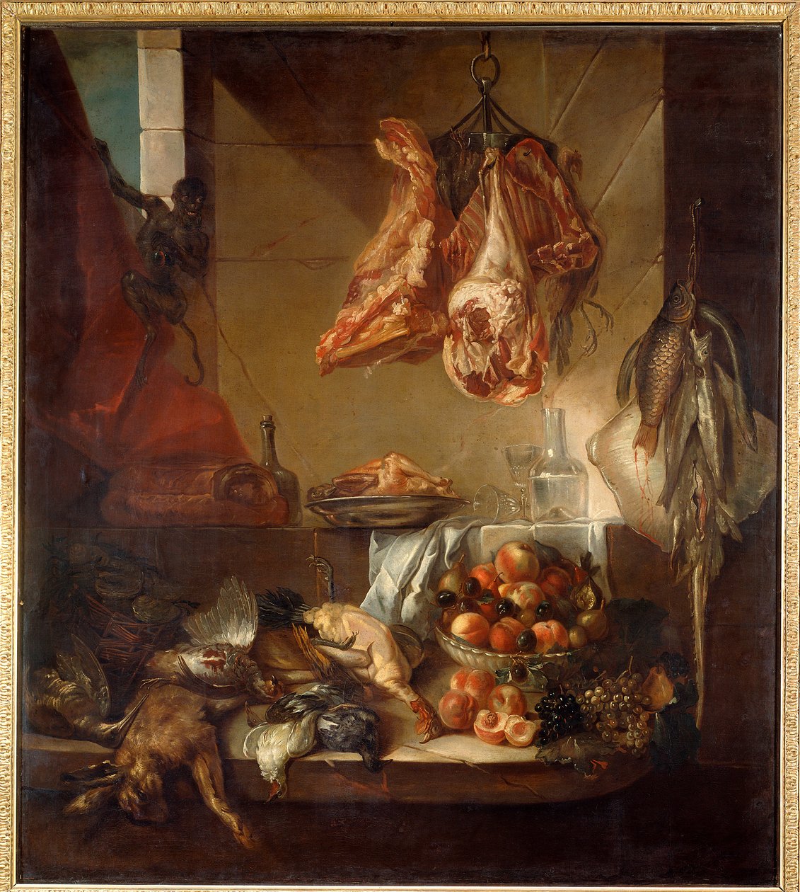Een keukeninterieur stilleven van wild, fruit en vlees. Schilderij door François Desportes (1661-1743) 18e eeuw. Châlons-en-Champagne, Musée des Beaux-Arts door Alexandre Francois Desportes