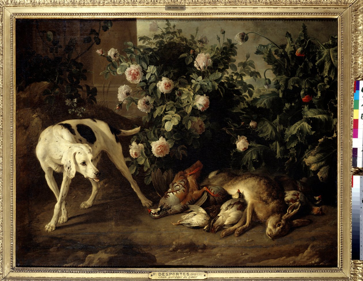 Hond bewaakt wild bij een rozenstruik door Alexandre-Francois Desportes