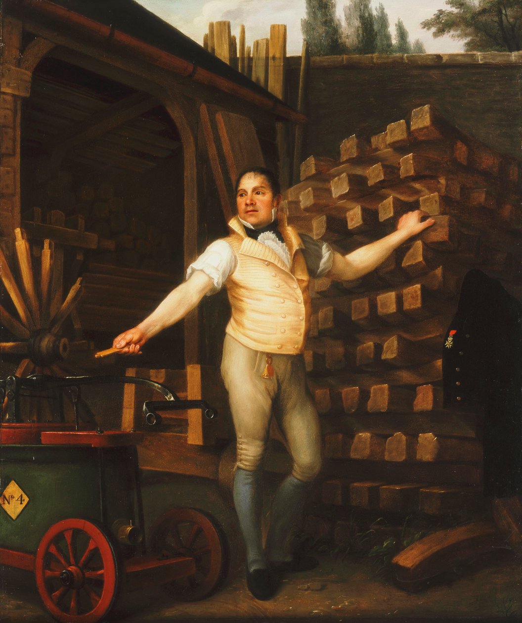 Een wielmaker met een brandweerwagen in een erf, 1812 door Alexandre François Louis de Girardin