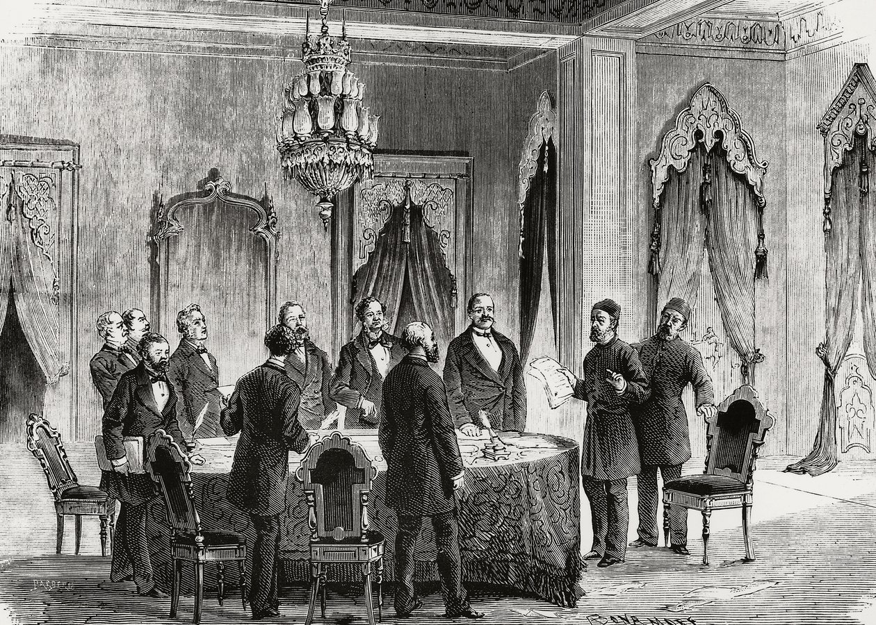 Conferentie van Constantinopel, december 1876, gravure, Turkije door Nicolas Toussaint Charlet