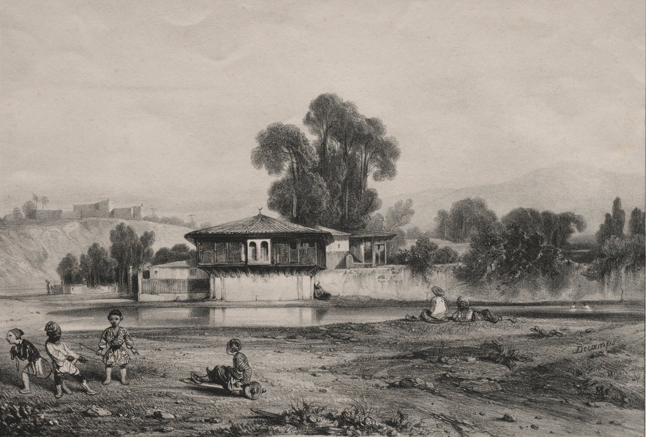 Paviljoen aan de rand van een rivier door Alexandre Gabriel Decamps