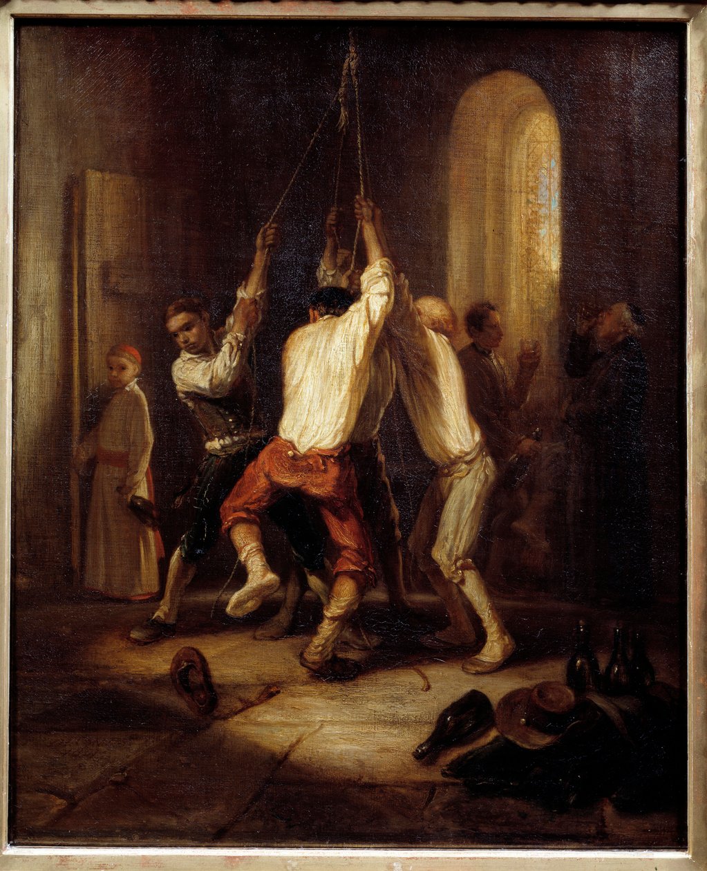 De klokkenluiders. Mannen trekken aan het touw om de klokken te luiden door Alexandre Gabriel Decamps
