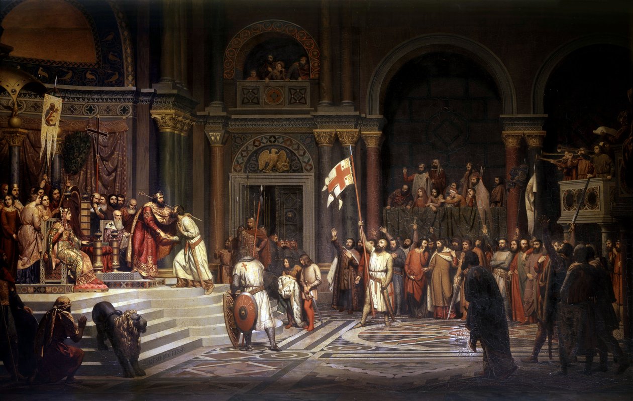 Godfried van Bouillon ontvangen door Alexis Comnene, keizer van Constantinopel, in 1097, tijdens de verdediging van de stad tegen de Turken tijdens de 1e Kruistocht in 1096-1099 door Alexandre Jean Baptiste Hesse