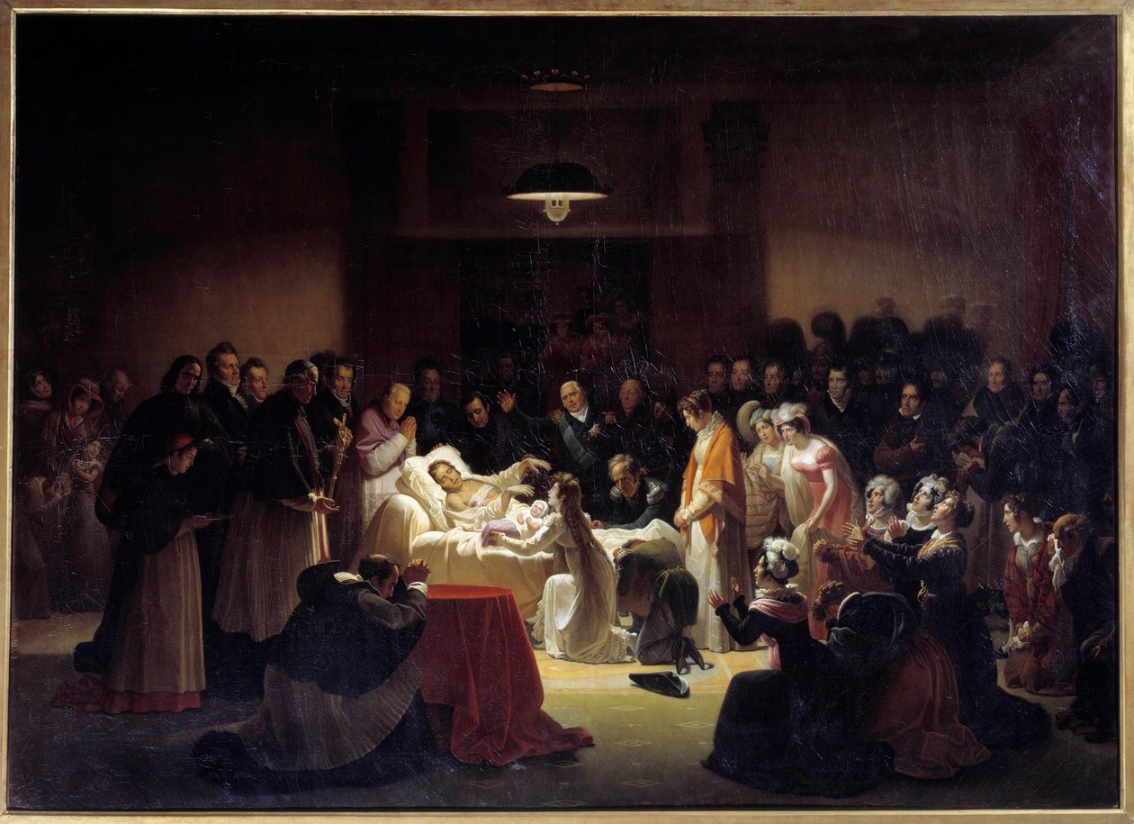 De laatste momenten van de hertog van Berry bij de Parijse Opera omringd door Lodewijk XVIII en de koninklijke familie door Alexandre Menjaud