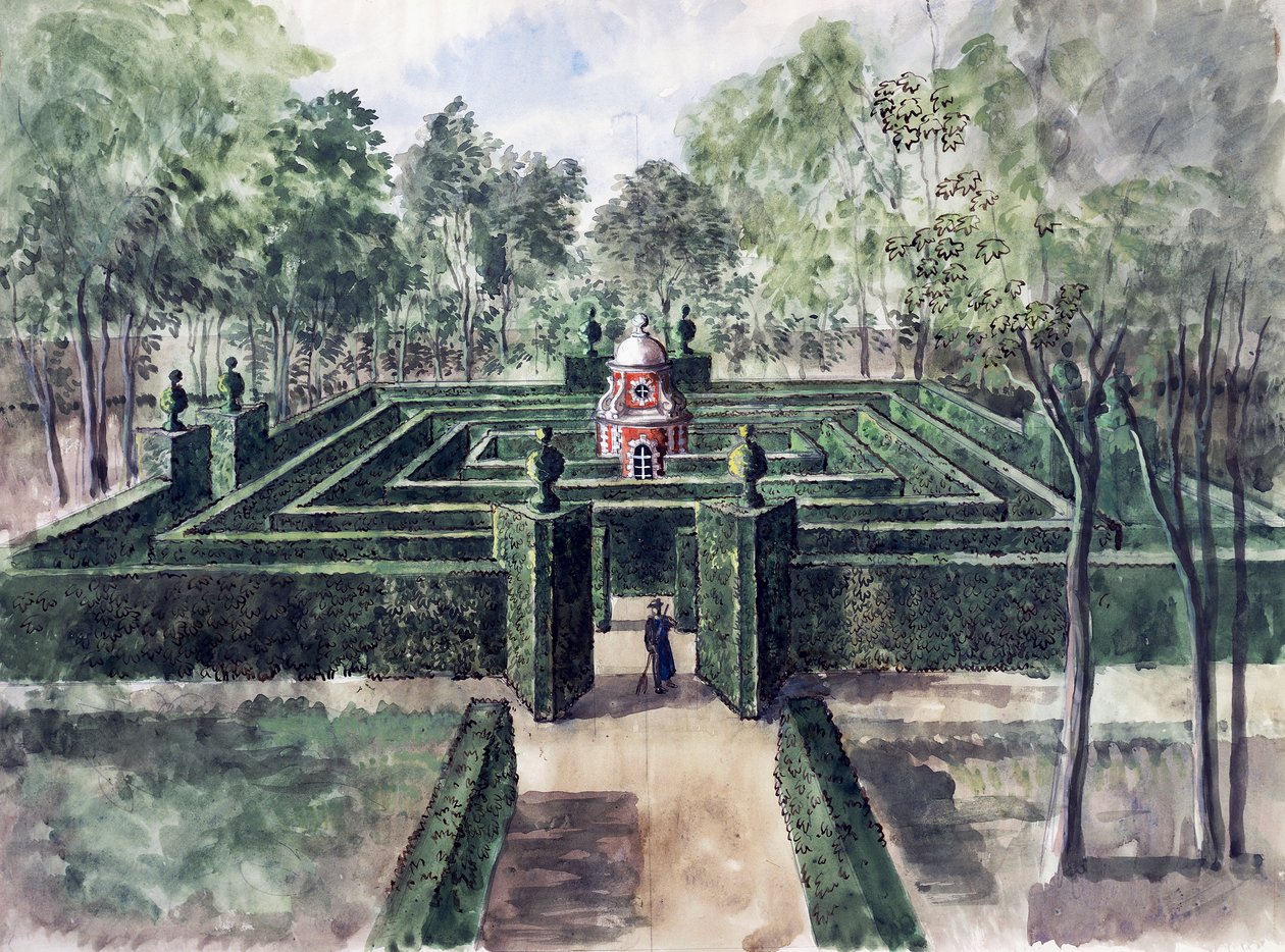 Chateau de Groussay, labyrint ontworpen door Charles de Beistegui, door Alexandre Serebriakoff (1907-1944), aquarel, Frankrijk, 20e eeuw door Alexandre Serebriakoff