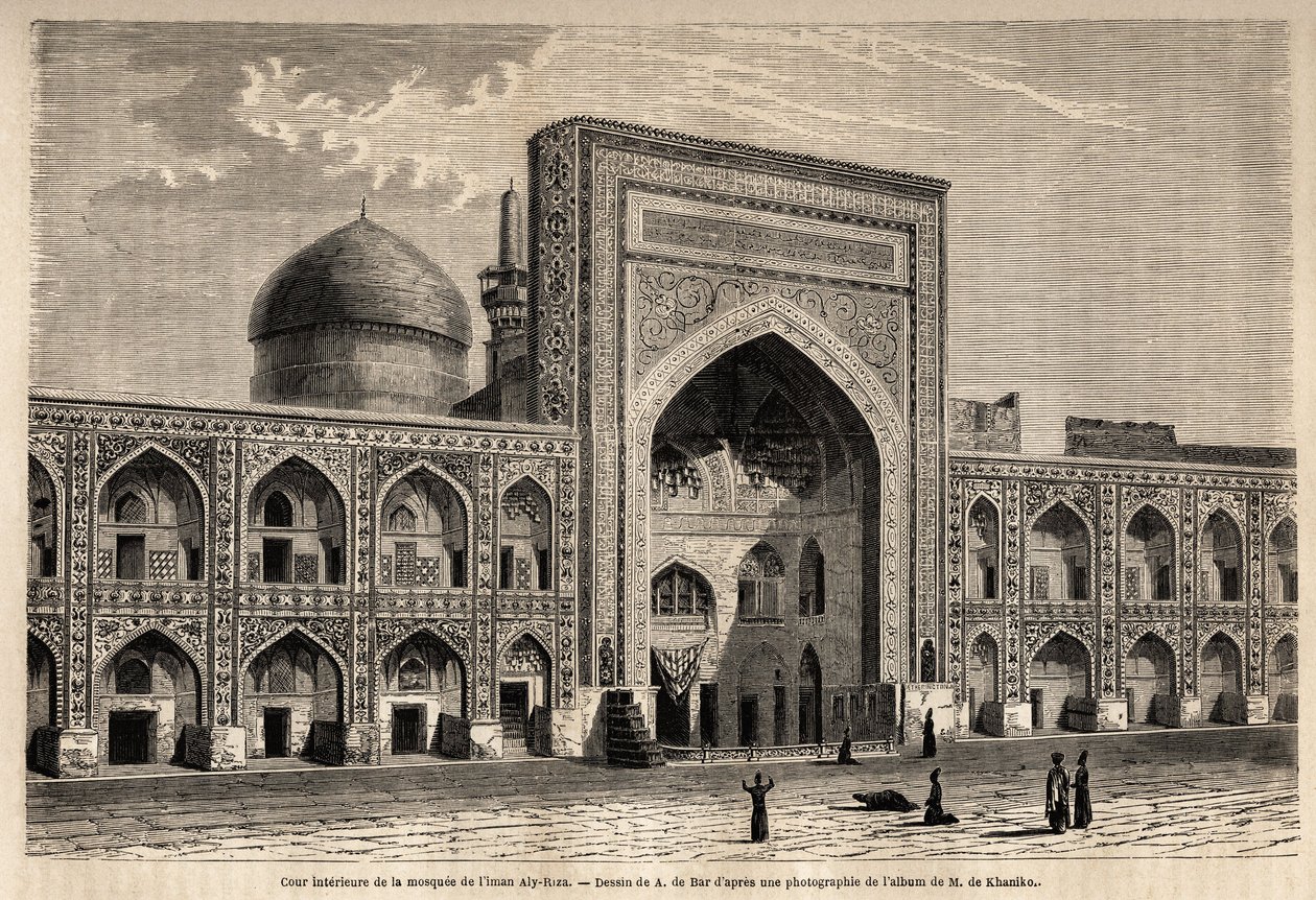 Binnenplaats van de moskee van Imam Aly Riza in Mashhad, tekening door A. de Bar, ter illustratie van de reis naar Khorasan in 1858, door N. de Khanikof. Gravure in 