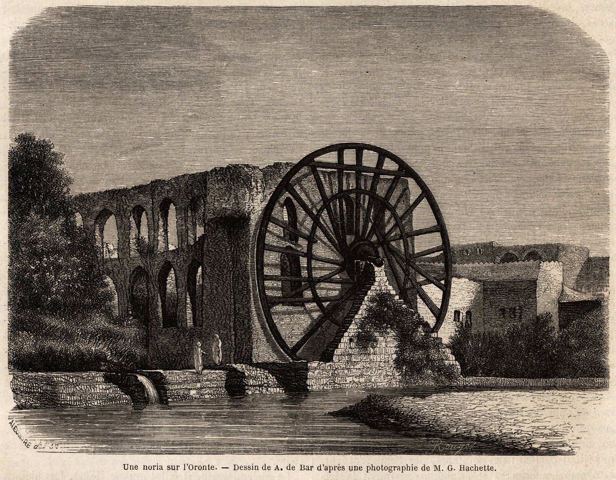 La noria (hydraulische machine om het waterniveau te verhogen met behulp van de energie die door de stroom wordt geproduceerd) aan de Orontes-rivier, een rivier in het Midden-Oosten die Syrië doorkruist naar de Middellandse Zee, tekening door A.de Bar, ter door Alexandre de (after) Bar