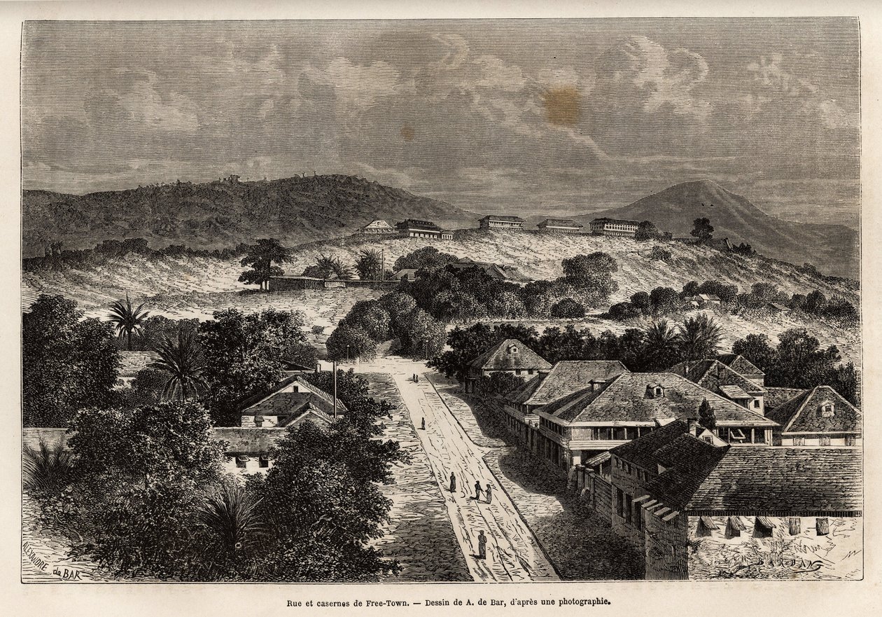 Straat en barakken van Freetown, Sierra Leone, gravure naar de tekening van A. de Bar, ter illustratie van de reis naar de Afrikaanse kust, in 1868, door Vice-admiraal Fleuriot de Langles, gepubliceerd in 