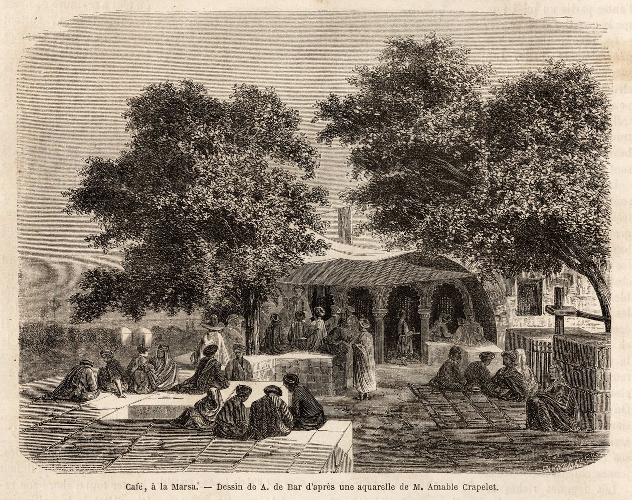 Uitzicht op een café in La Marsa (Tunis), tekening door A.de Bar, ter illustratie van een reis naar Tunis, in 1859, door Amable Crapelet. Gravure in “Le tour du monde”, bewerkt door Edouard Charton door Alexandre de (after) Bar