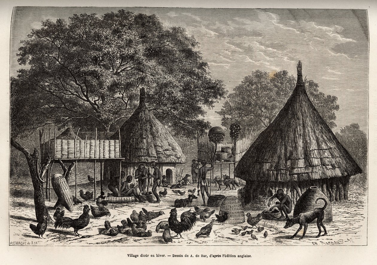 Dorp Diour in de winter (Soedan) en dagelijkse activiteiten van de inwoners te midden van dieren die door de gemeenschap worden grootgebracht, gravure naar de tekening van A. de Bar, ter illustratie van de reis naar het hart van Afrika in 1868-1871, door D door Alexandre de (after) Bar
