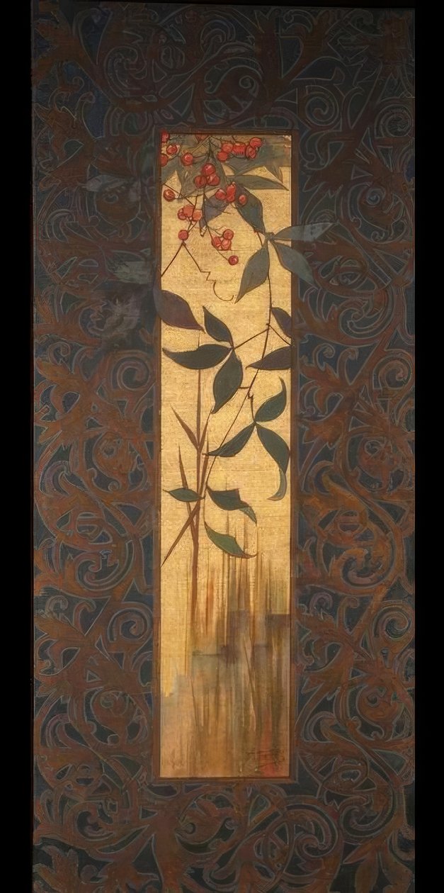 Compositie met gevleugelde nimf die riet blaast door Alexandre de Riquer