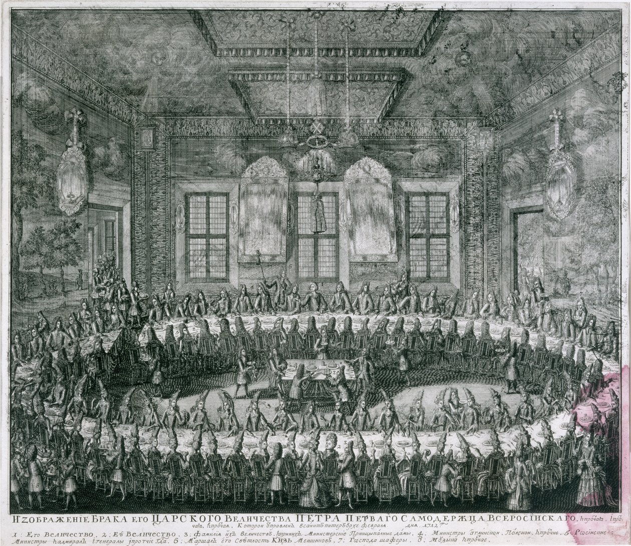 Huwelijk van Peter I (1672-1725) en Catharina (1684-1727) in het Winterpaleis in 1712, 1712 door Alexei Fyodorovich Zubov