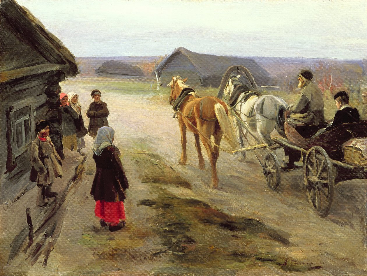 Aankomst van een schooljuffrouw op het platteland, ca. 1908-14 door Alexei Steipanovitch Stepanov