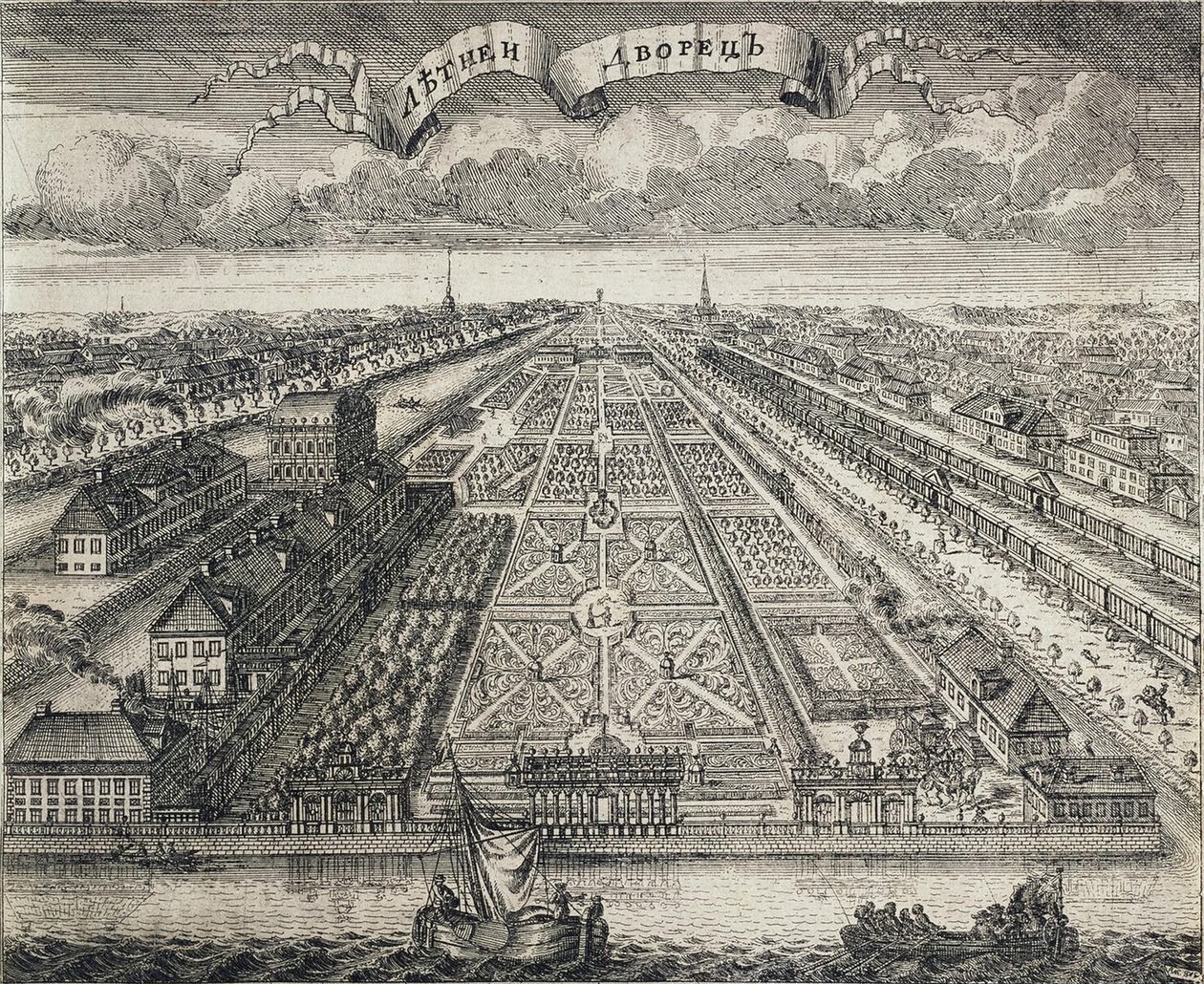 Uitzicht op de Zomertuinen vanaf de Neva-rivier, 1717 door Alexei Fyodorovich Zubov