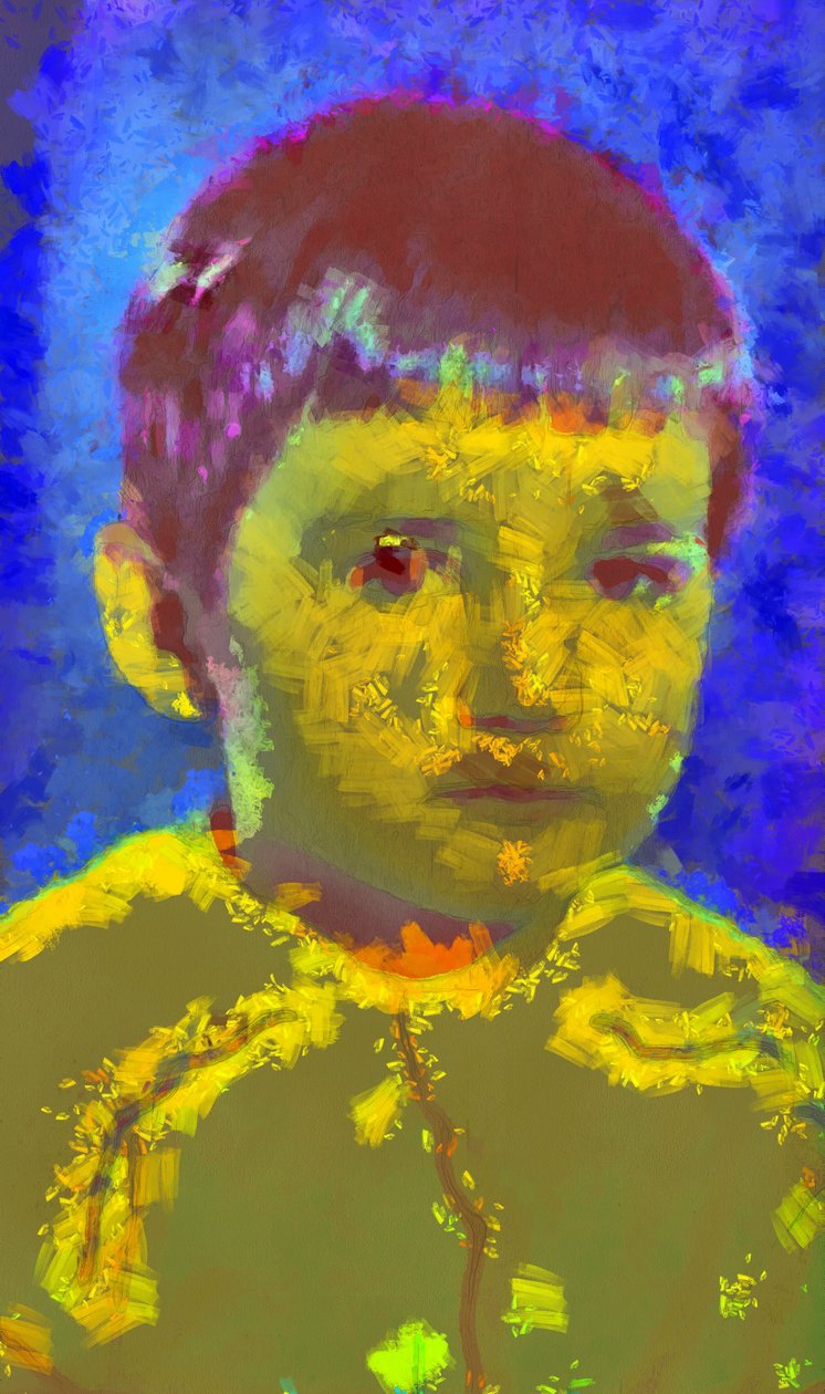 Portret van een jongen op een blauwe achtergrond,2020,(gemengde techniek) door Alexei Makhov