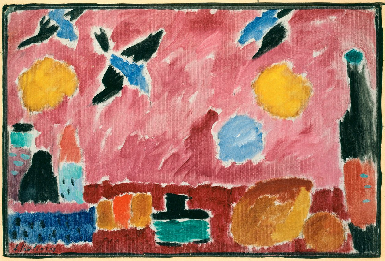 Met rood behang met zwaluwmotief door Alexej von Jawlensky