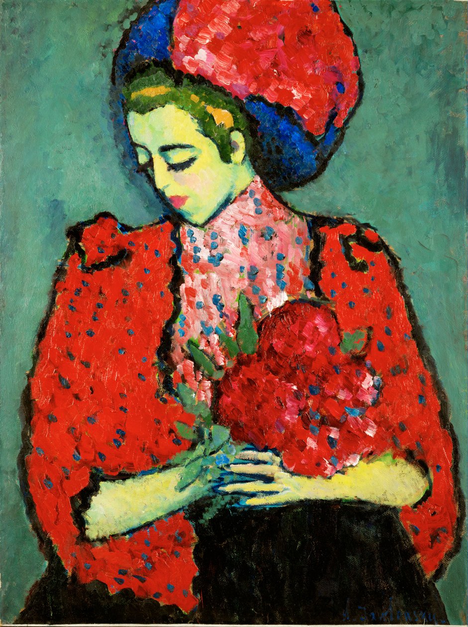 Meisje met pioenrozen (olieverf op doek) door Alexej von Jawlensky