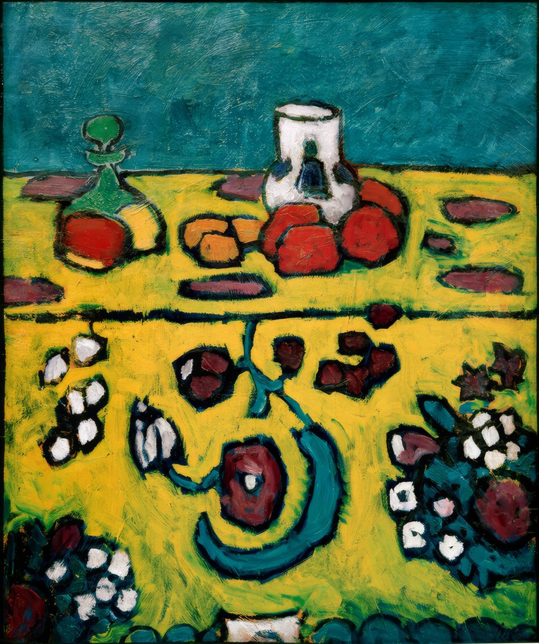 Stilleven met kleurrijk kleed door Alexej von Jawlensky