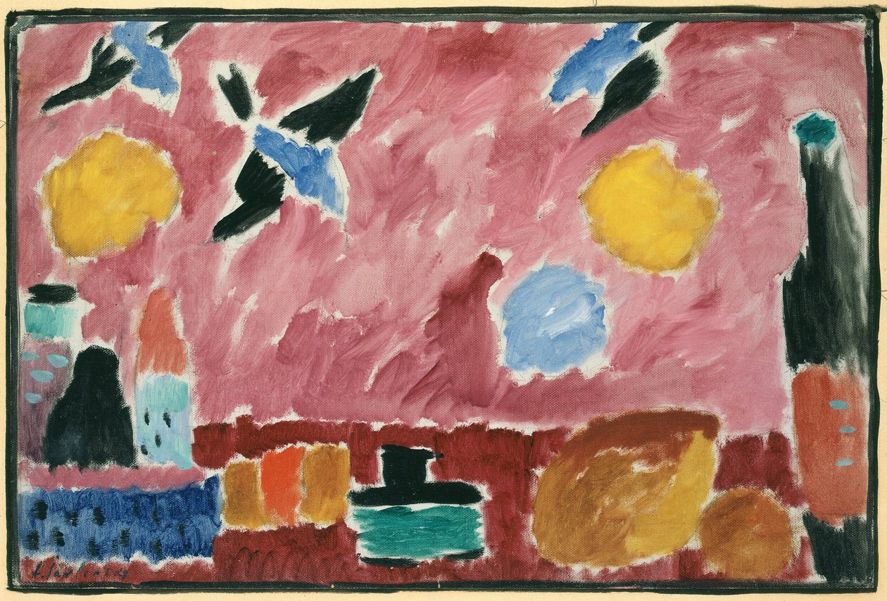 Met rood zwaluwpatroon behang, 1915 door Alexej von Jawlensky