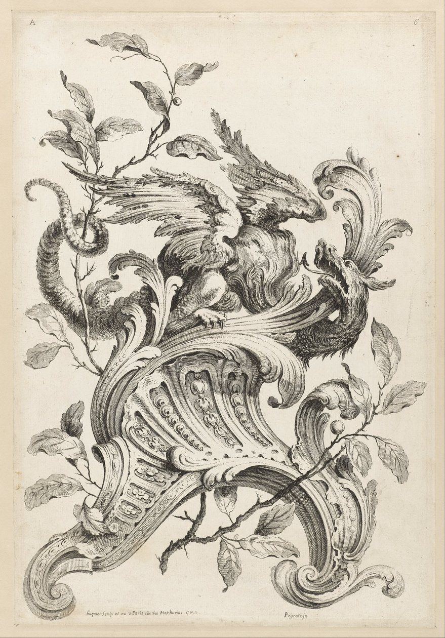 Gevleugelde Griffioen op een Rocaille Beugel, uit Premiere Partie Diverse Ornements door Alexis Peyrotte