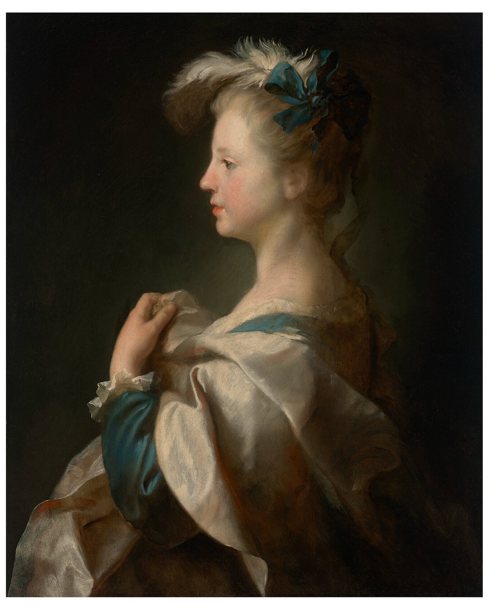 Portret van een meisje, halflang, in profiel in mooie kleding door Alexis Grimou