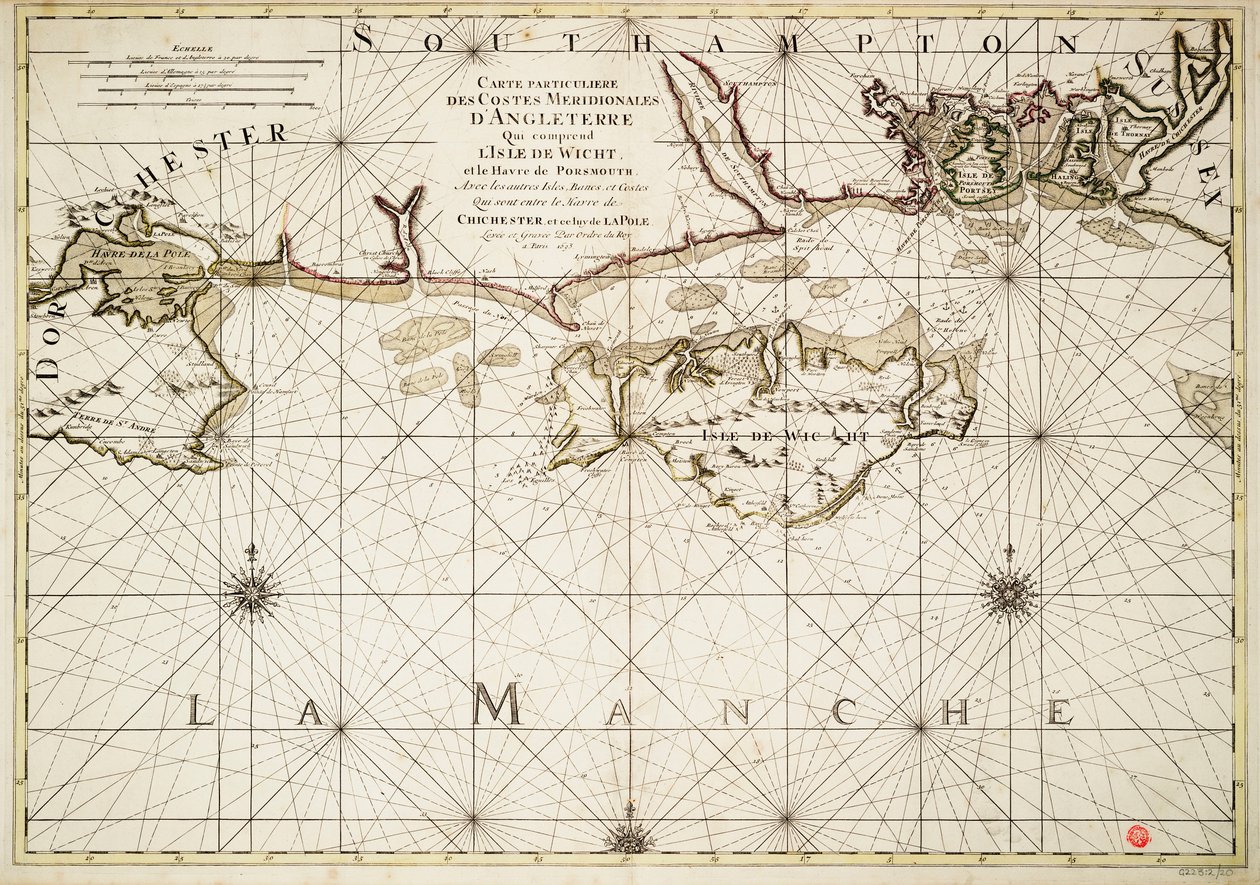 Kaart van de Engelse kust, Isle of Wight en Portsmouth haven door Alexis Hubert Jaillot