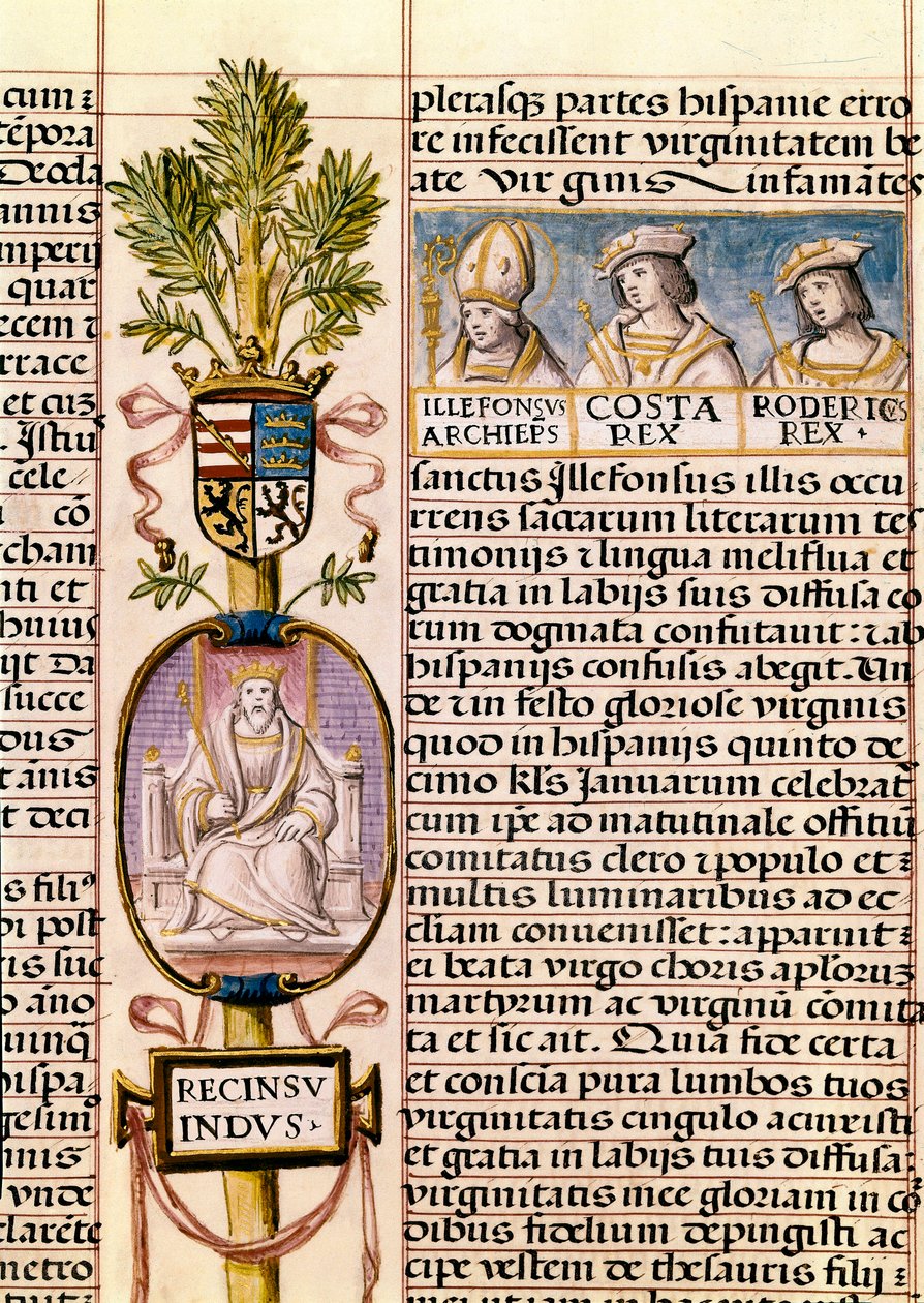 Portret van Flavius Recceswinth, koning van de Visigoten van Spanje van 653 tot zijn dood in 672, miniatuur in "Genealogía de los reyes de España" door Alfonso de Cartagena
