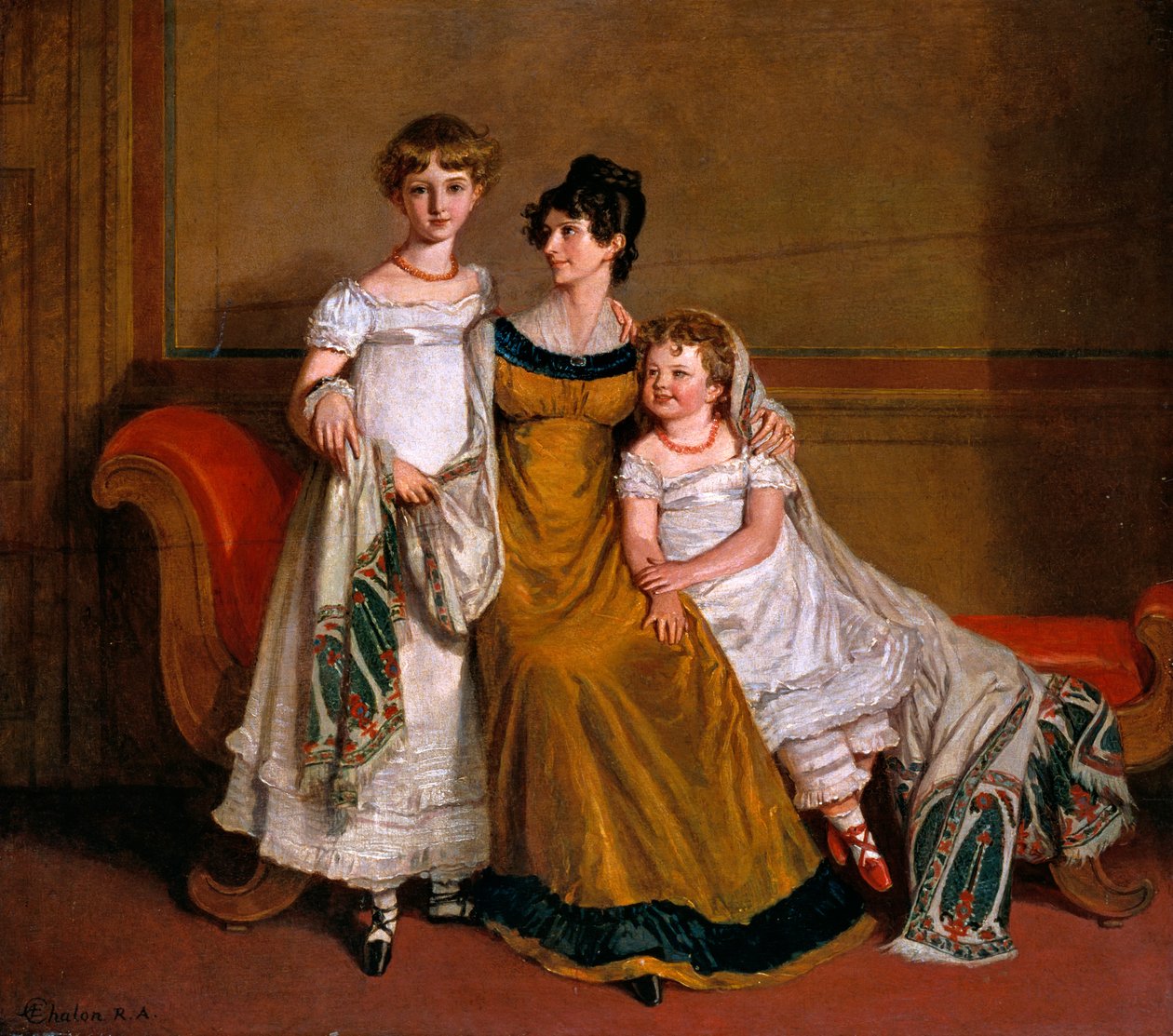 Portret van een vrouw met twee kinderen in een huiselijke omgeving, c.1815 door Alfred-Edward Chalon