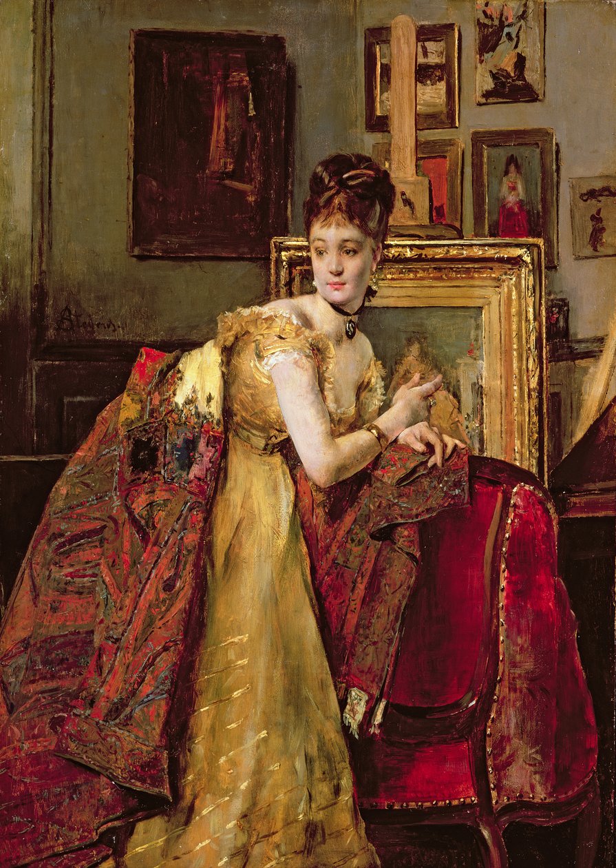 Vrouw met een Indiase sjaal in een studio door Alfred Emile Stevens