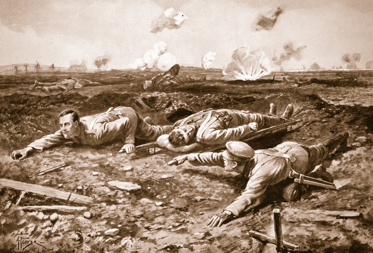 Korporaal Brown en Lance-Korporaal Dobson slepen een gewonde man naar de Britse linies onder vuur door Alfred Pearse