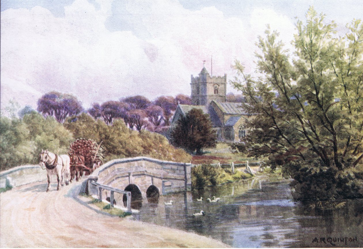De brug, Coombe Bissett, bij Salisbury, uit The Cottages and the Village Life of Rural England gepubliceerd door Dent & Sons Limited, 1912 door Alfred Robert Quinton