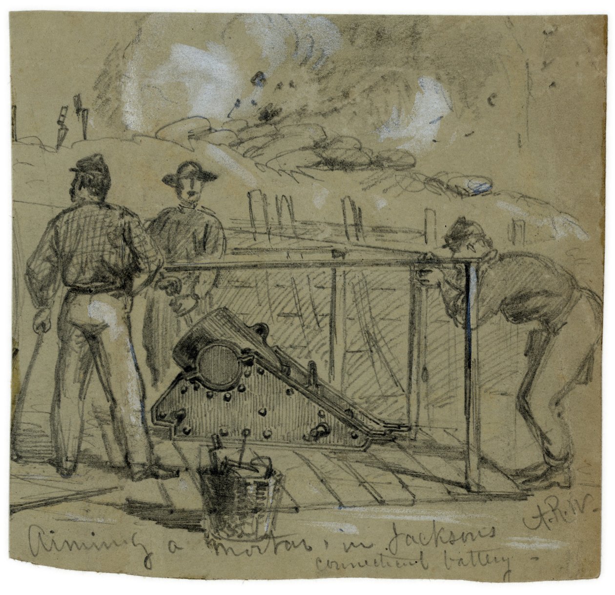 Het richten van een 8-inch Union belegeringsmortier in de loopgraven buiten Petersburg, Virginia, geschetst door Alfred R. Waud door Alfred Rudolph Waud
