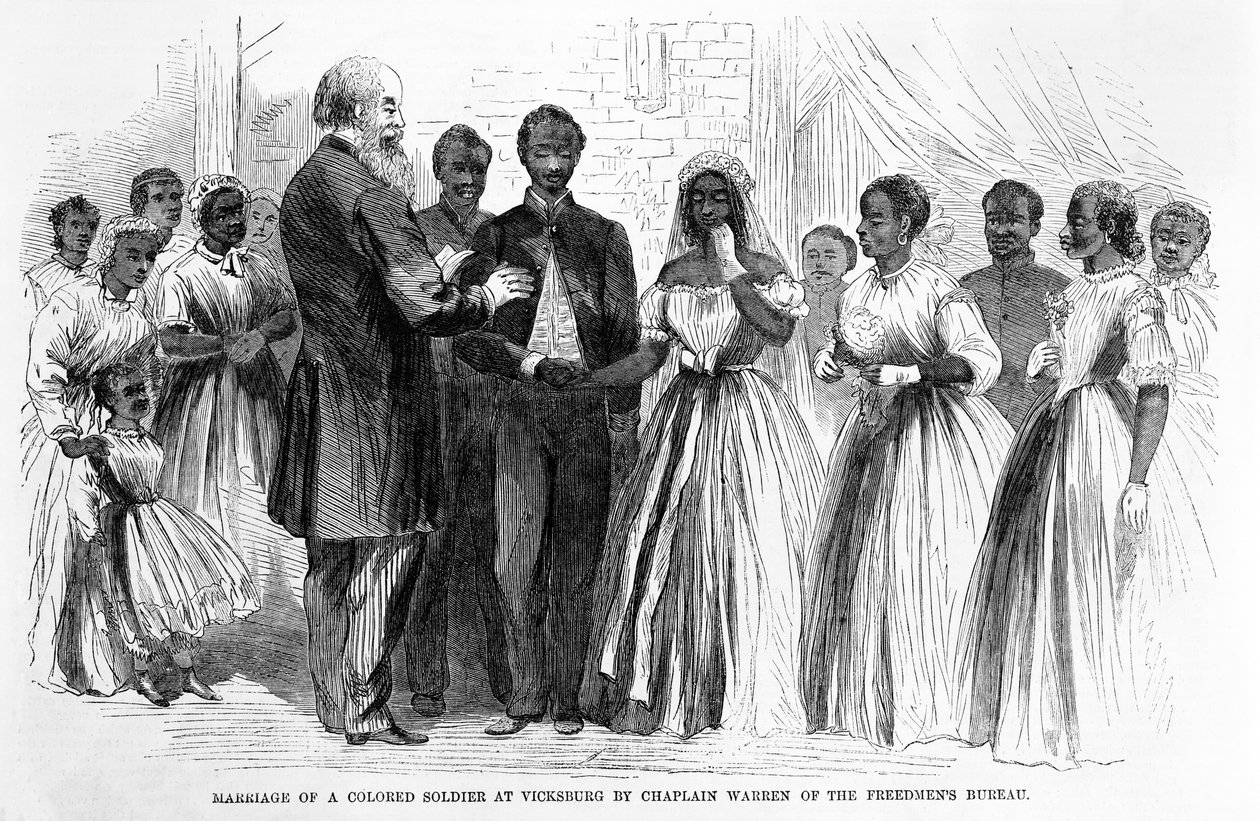 Huwelijk van een gekleurde soldaat in Vicksburg door kapelaan Warren van het Freedmens Bureau, uitgegeven 1866 door Alfred Rudolph Waud