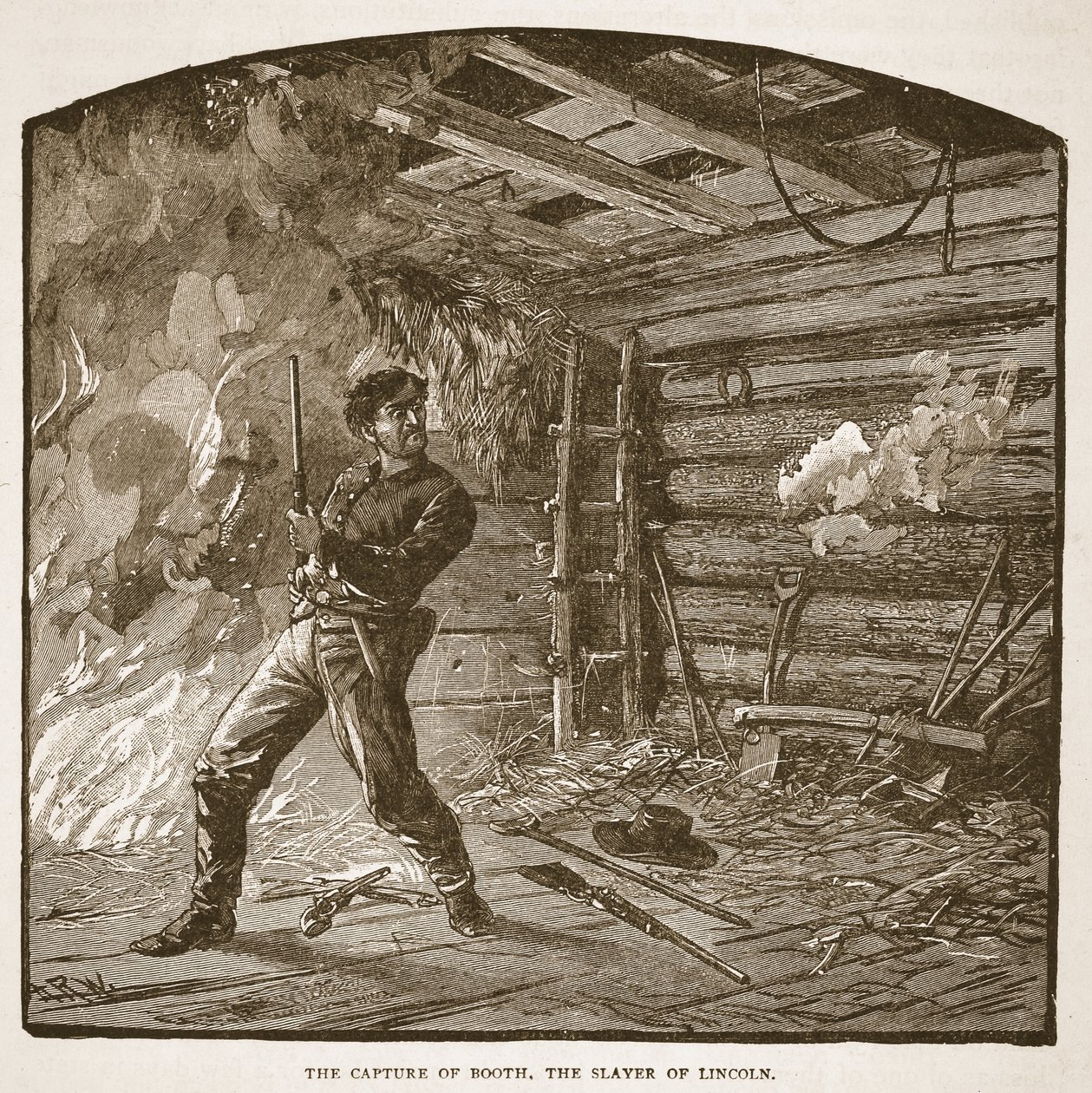 De Gevangenneming van Booth, de Moordenaar van Lincoln, uit een boek uitgegeven in 1896 door Alfred Rudolph Waud