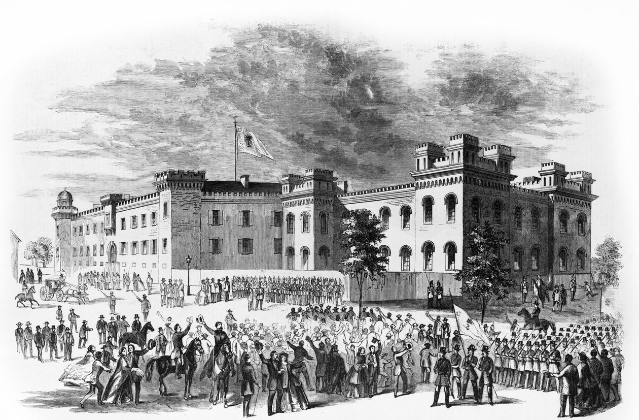 Het staatsarsenaal van South Carolina in Charleston, South Carolina, bewaakt door paraderende detachementen van de Washington Light Infantry, 1860 door Alfred Rudolph Waud