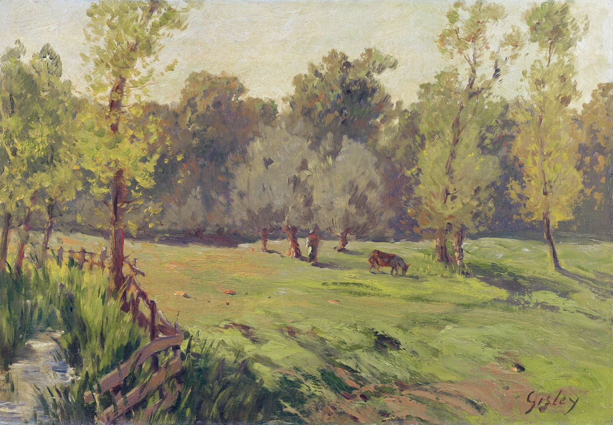 Een Weide met een Stroom en een Omheining, c.1868 door Alfred Sisley
