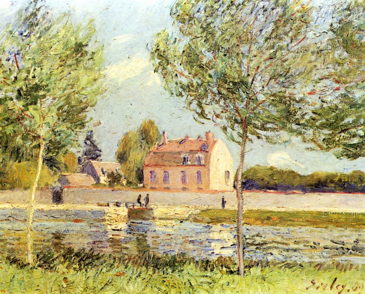 Huizen aan de oever van de Loing door Alfred Sisley