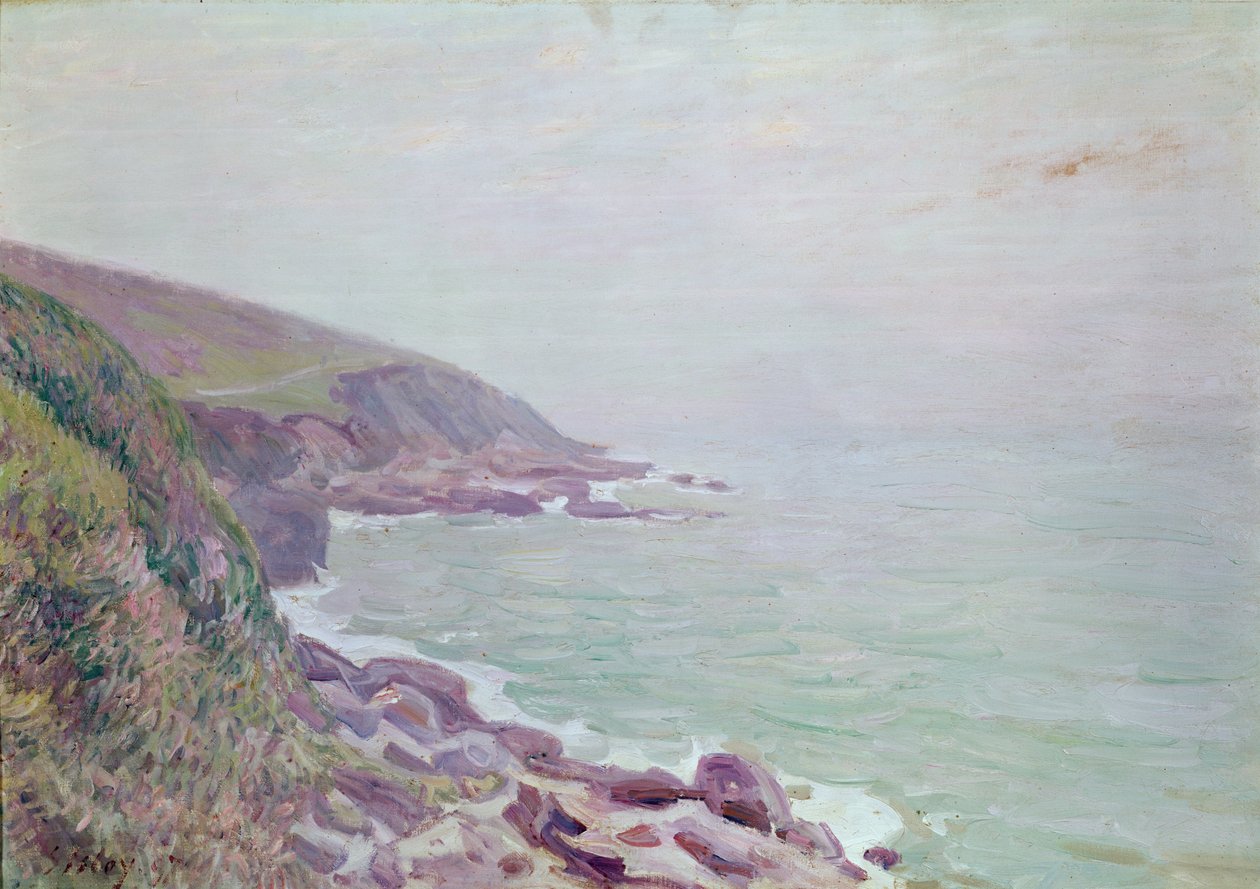 De Welshe kustlijn, mistige ochtend door Alfred Sisley